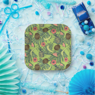 Tropical Fruit Sketch on Green Pattern Paper Plates