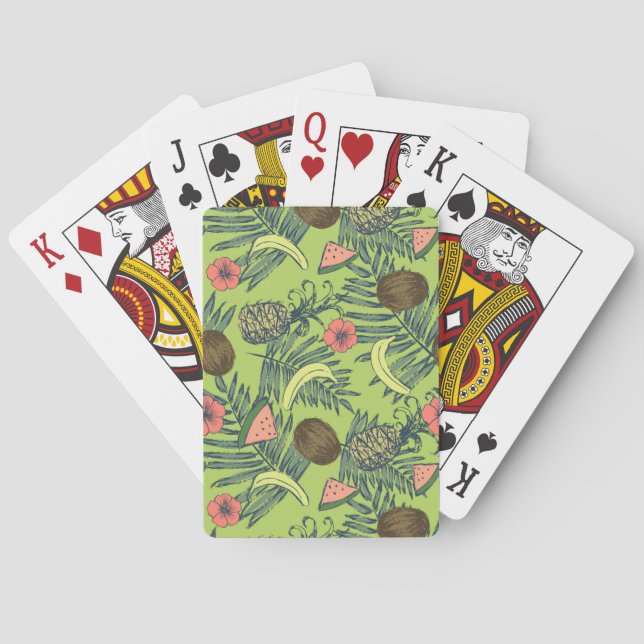 Tropical Fruit Sketch on Green Pattern Poker Cards (Back)