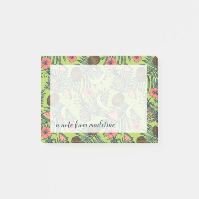 Tropical Fruit Sketch on Green Pattern Post-it Notes (Front)