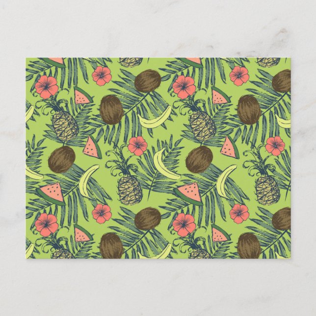 Tropical Fruit Sketch on Green Pattern Postcard (Front)