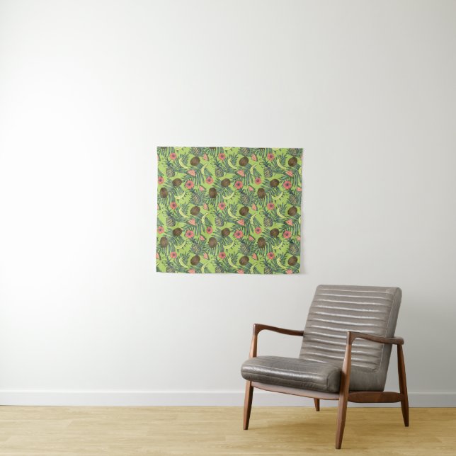 Tropical Fruit Sketch on Green Pattern Tapestry (In Situ (Horizontal))
