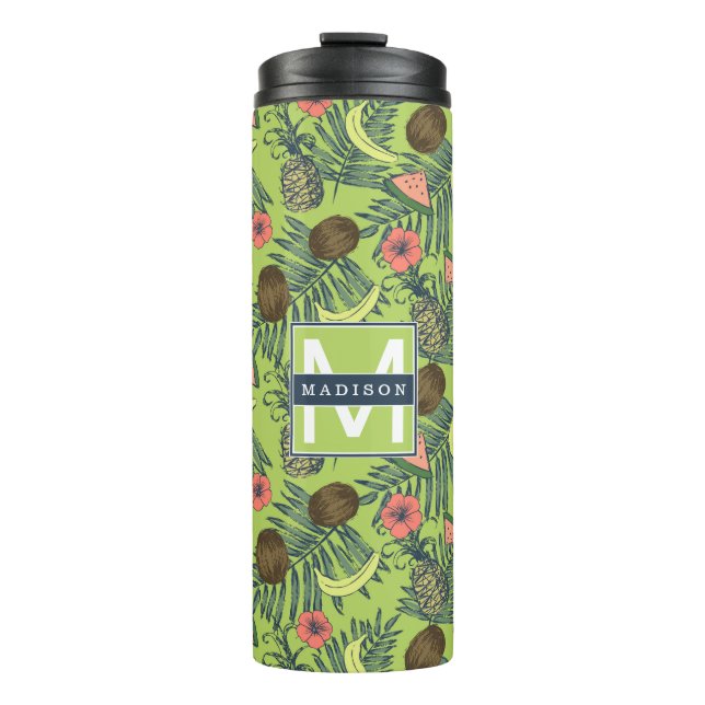 Tropical Fruit Sketch on Green Pattern Thermal Tumbler (Front)