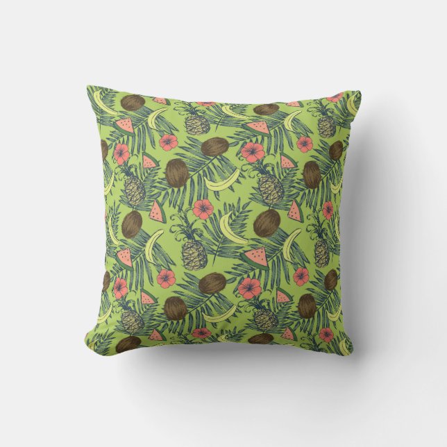 Tropical Fruit Sketch on Green Pattern Throw Pillow (Front)