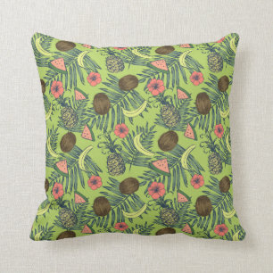 Tropical Fruit Sketch on Green Pattern Throw Pillow