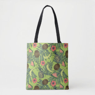 Tropical Fruit Sketch on Green Pattern Tote Bag