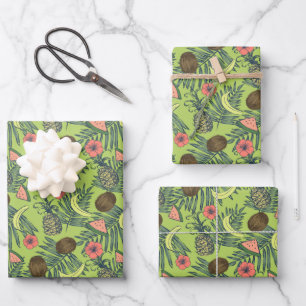 Tropical Fruit Sketch on Green Pattern Wrapping Paper Sheets