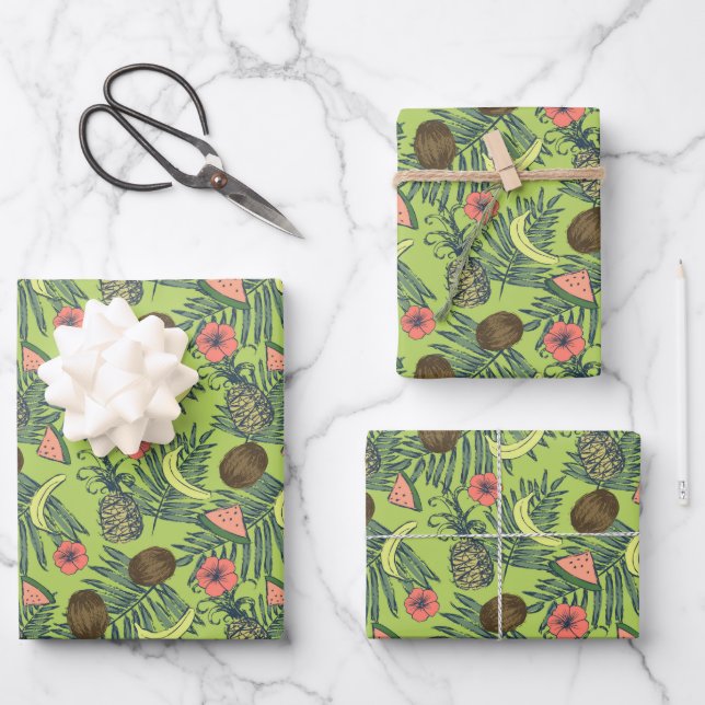 Tropical Fruit Sketch on Green Pattern Wrapping Paper Sheets (Front)
