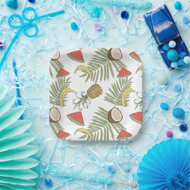 Tropical Fruit Sketch Pattern Paper Plates (Party)