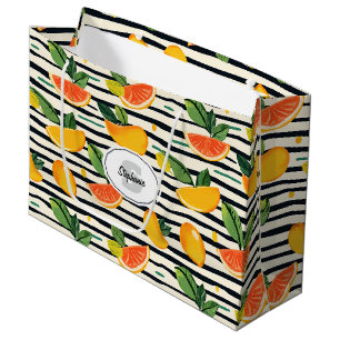 Tropical Fruit Stripe Yellow Orange Pink and Green Large Gift Bag