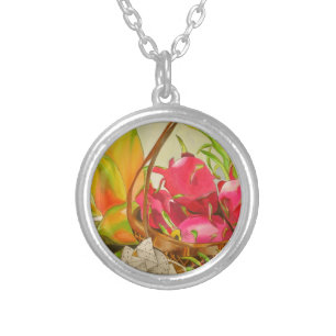 Tropical fruit watercolor still life art painting silver plated necklace