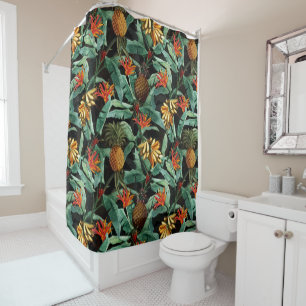Tropical fruits and flowers jungle on black shower curtain