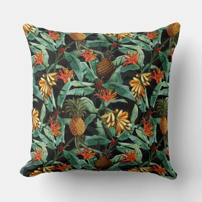Tropical fruits and flowers jungle on black throw pillow (Front)
