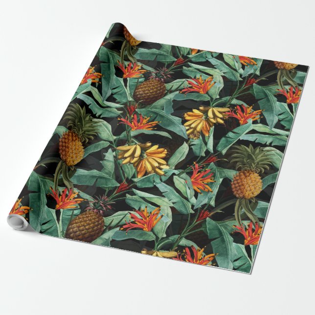 Tropical fruits and flowers jungle on black wrapping paper (Unrolled)