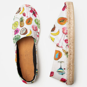 Tropical Fruits, Birds, Flowers, Leaves White Canv Espadrilles