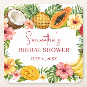 Tropical Fruits Coconut Hawaiian Bridal Shower Square Paper Coaster