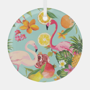 Tropical Fruits Flamingo Vintage Pattern Glass Ornament