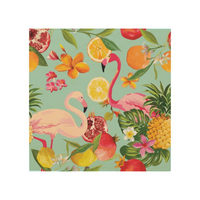 Tropical Fruits Flamingo Vintage Pattern Wood Wall Art (Front)