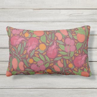 Tropical Fruits on Maroon Lumbar Throw Pillow