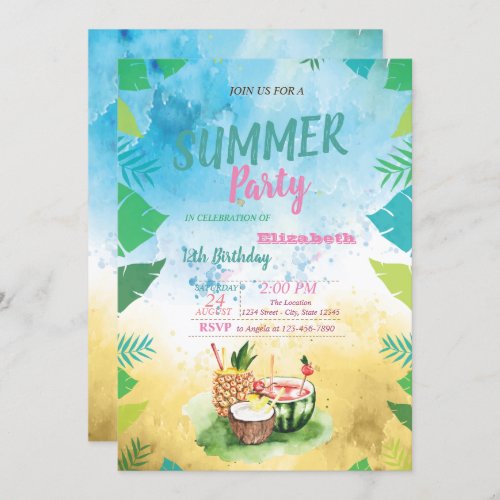 Tropical FruitsPalm Leaves Summer  Birthday Party Invitation