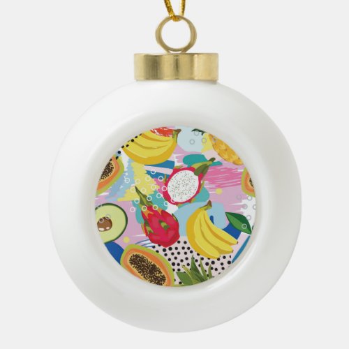 Tropical Fruits Seamless Vintage Pattern Ceramic Ball Christmas Ornament