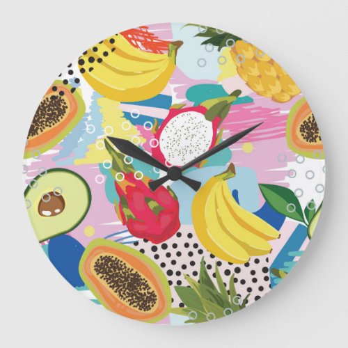 Tropical Fruits Seamless Vintage Pattern Large Clock