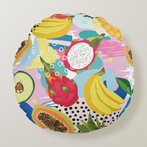 Tropical Fruits Seamless Vintage Pattern Round Pillow