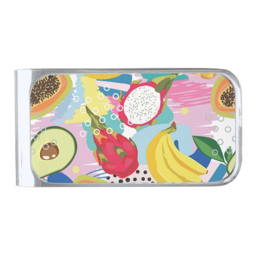 Tropical Fruits Seamless Vintage Pattern Silver Finish Money Clip