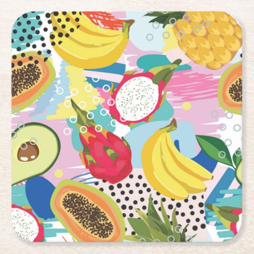 Tropical Fruits Seamless Vintage Pattern Square Paper Coaster