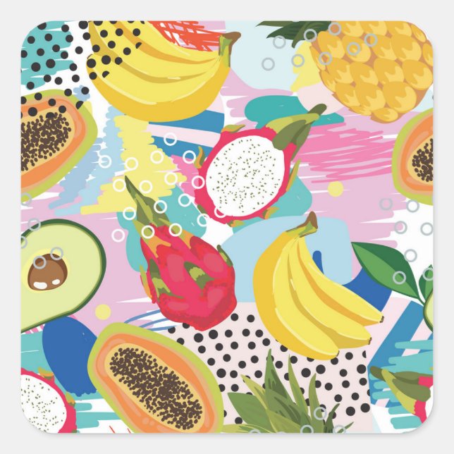 Tropical Fruits, Seamless Vintage Pattern. Square Sticker (Front)