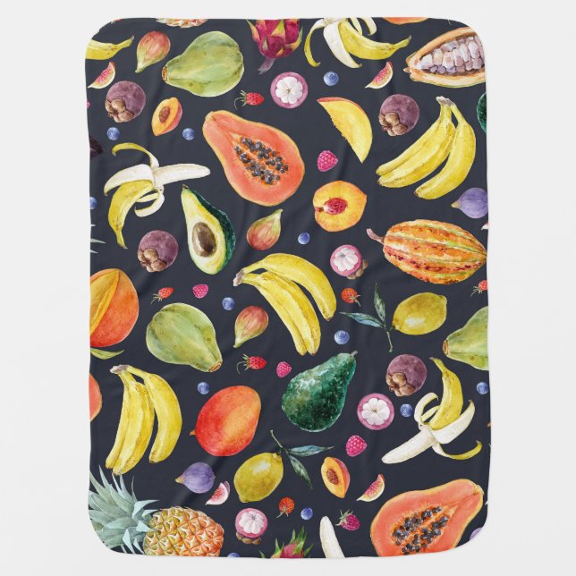 Tropical Fruits: Watercolor Multifruit Pattern. Baby Blanket (Front)