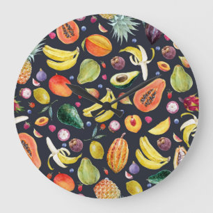 Tropical Fruits: Watercolor Multifruit Pattern. Large Clock