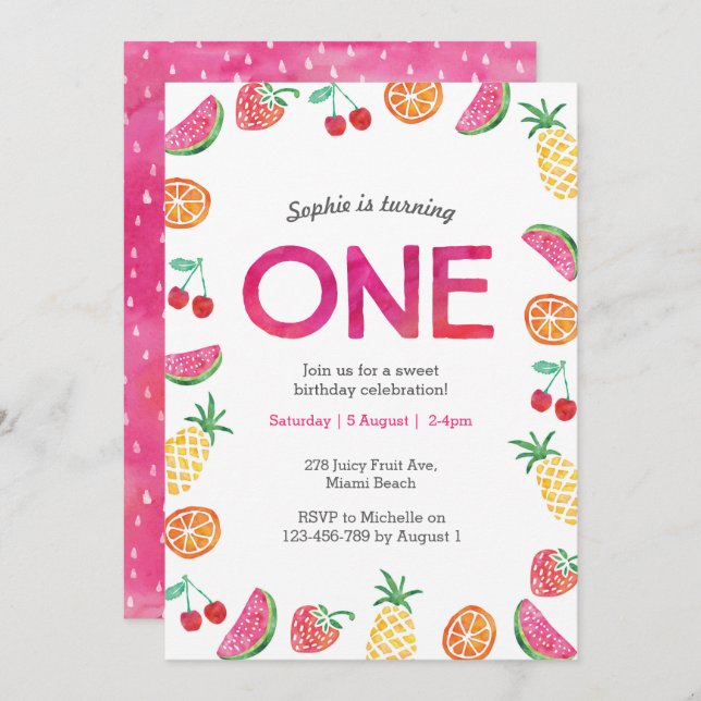 Tropical fruity Pink 1st Birthday Invitation (Front/Back)