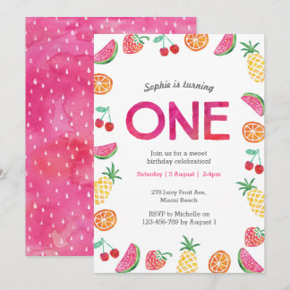 Tropical fruity Pink 1st Birthday Invitation