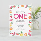 Tropical fruity Pink 1st Birthday Invitation (Standing Front)