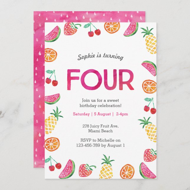 Tropical fruity Pink 4th Birthday Invitation (Front/Back)