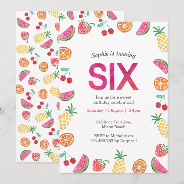 Tropical fruity Pink 6th Birthday Invitation (Front/Back)