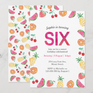 Tropical fruity Pink 6th Birthday Invitation