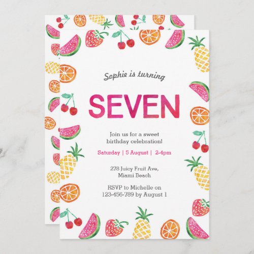 Tropical fruity Pink 7th Birthday Invitation