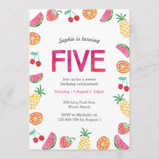 Tropical fruity Pink Birthday Invitation