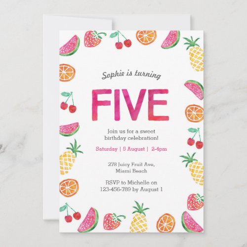 Tropical fruity Pink Birthday Invitation
