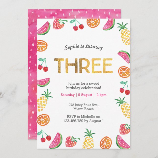 Tropical fruity Pink Gold 3rd Birthday Invitation (Front/Back)