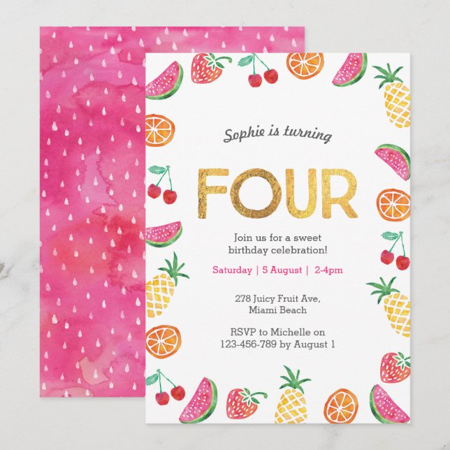 Tropical fruity Pink Gold 4th Birthday Invitation (Front/Back)