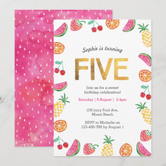 Tropical fruity Pink Gold 5th Birthday Invitation (Front/Back)