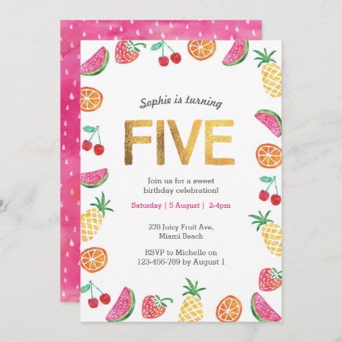 Tropical fruity Pink Gold 5th Birthday Invitation