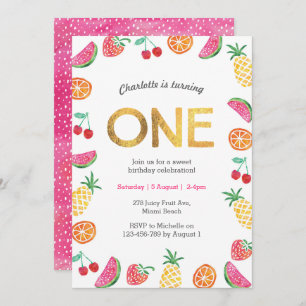 Tropical fruity Pink Gold Birthday Invitation