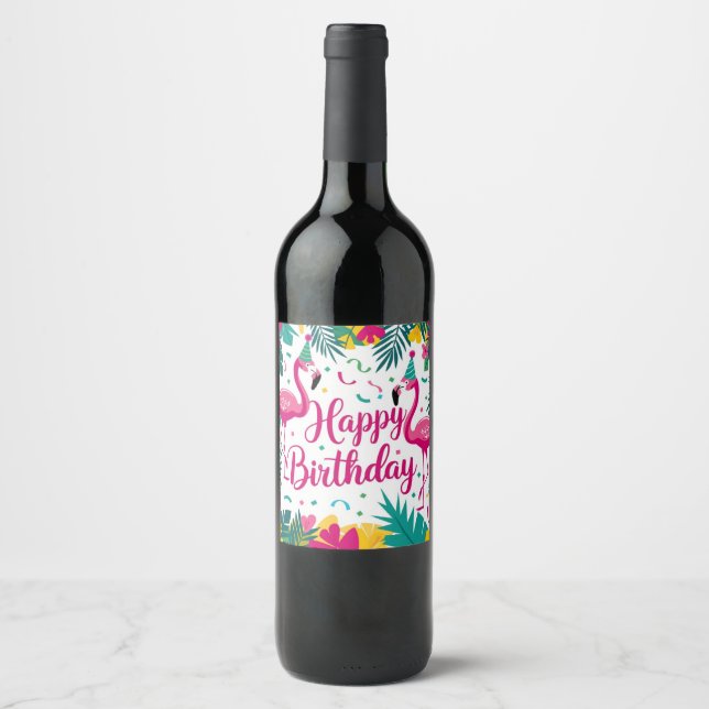 Tropical Fun Flamingo Birthday Design Wine Label (Front)