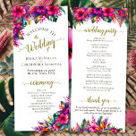 Tropical Garden Colorful Hibiscus Floral Wedding Program<br><div class="desc">This beautiful wedding program features an elegant tropical garden design with hibiscus flowers and bird of paradise in vibrant shades of hot pink, fuchsia, purple, and yellow, along with palm leaves and tropical greenery. The titles are written in fancy gold script calligraphy, and there is space for your ceremony and...</div>