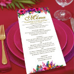 Tropical Garden Colorful Pink Hibiscus Wedding Menu<br><div class="desc">Add a splash of vibrant color to your wedding reception with these beautiful menus. The tropical garden design features hot pink hibiscus flowers along with jade green monstera leaves and a variety of other foliage. The gold script title adds a touch of class. The menu is fully customizable with the...</div>