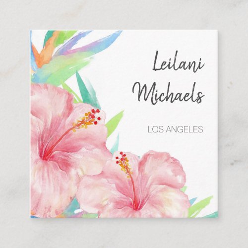 Tropical Garden Elegant Watercolor Floral Hibiscus Square Business Card