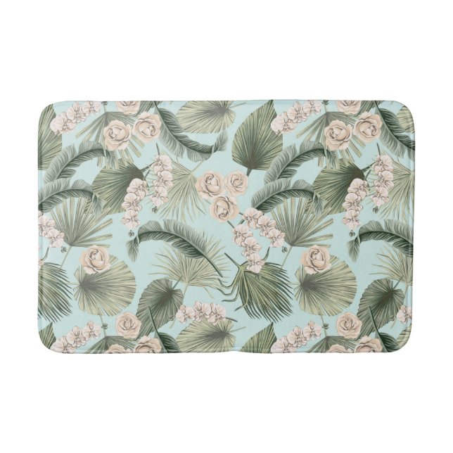 Tropical Garden Floral Orchid & Palm Pattern Bath Mat (Front)